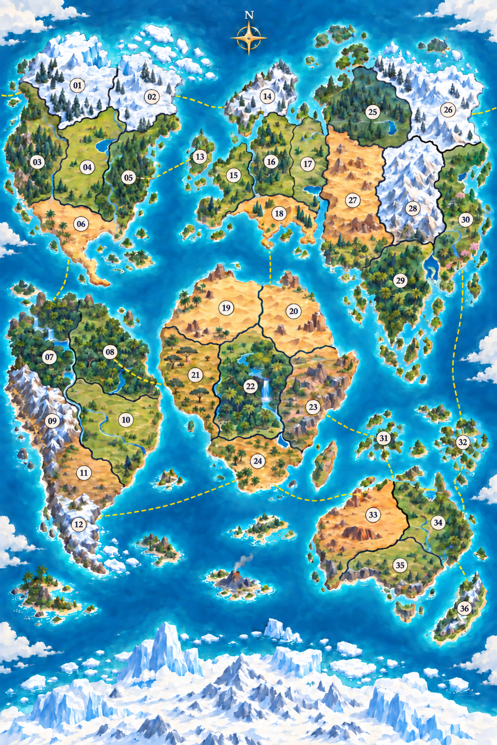 Mountains, forests and islands on the world map
